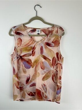 Cabi Womens Medium Blouse Top Floral Sleeveless V Neck Sheer Red Boho